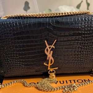 Yves Saint Laurent Black Croc-Embossed Bag with Gold Chain